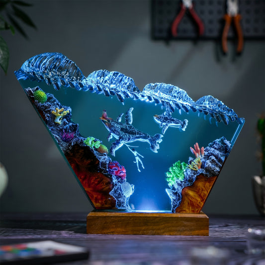 Blue Ocean Whale and Alien Diver Resin Lamp