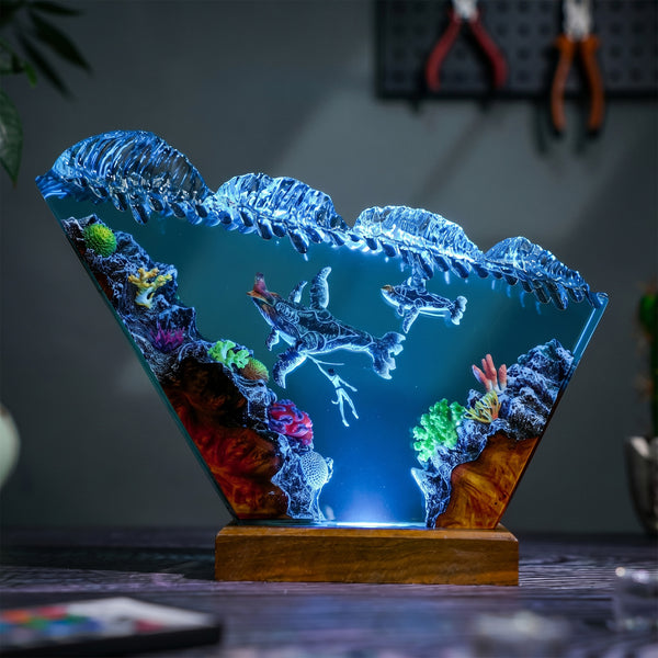 Blue Ocean Whale and Alien Diver Resin Lamp