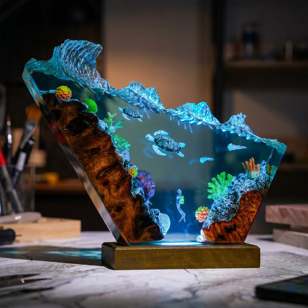 Sea Turtle and Scuba Diver Coral Reef Resin Lamp