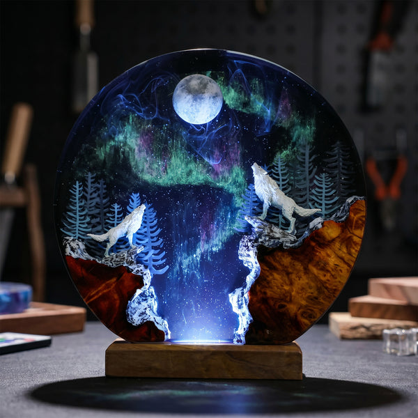 Howling Wolf Under Full Moon Resin Lamp